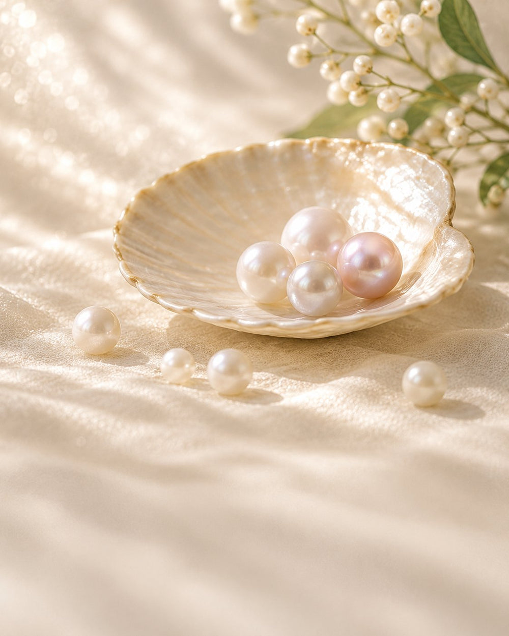White and blush pearls in a shell on warm ivory fabric