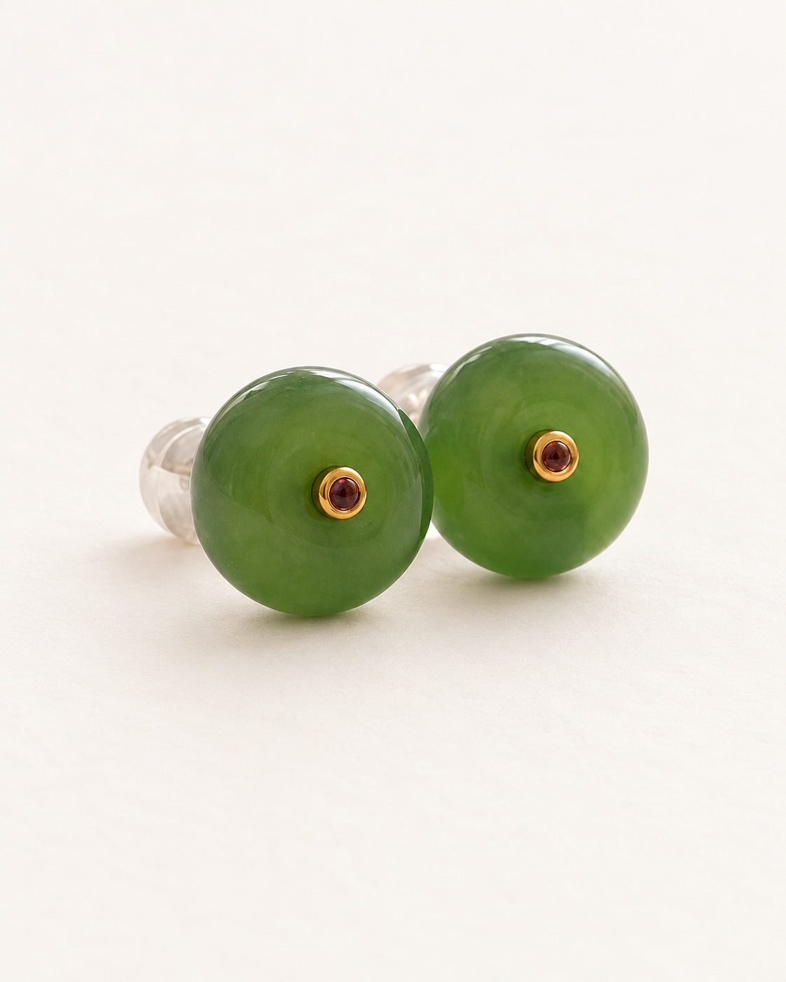 Green Nephrite Jade Stud Earrings in 18K Solid Gold — warm ivory studio photograph
