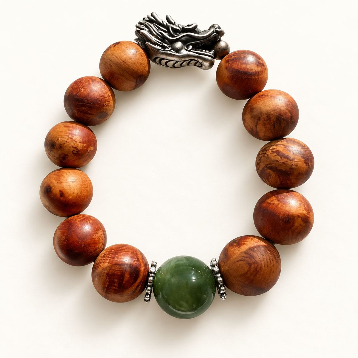 Yabai wood and nephrite bracelet with a 925 sterling silver dragon head.