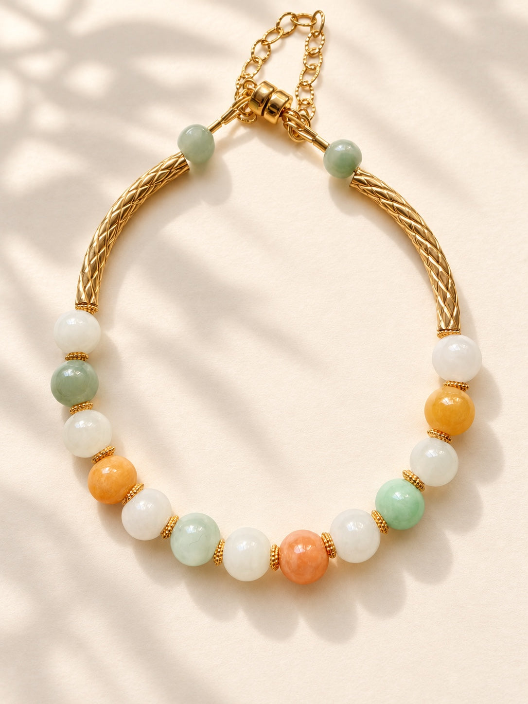 White green yellow and orange jadeite beads with gold-filled accents
