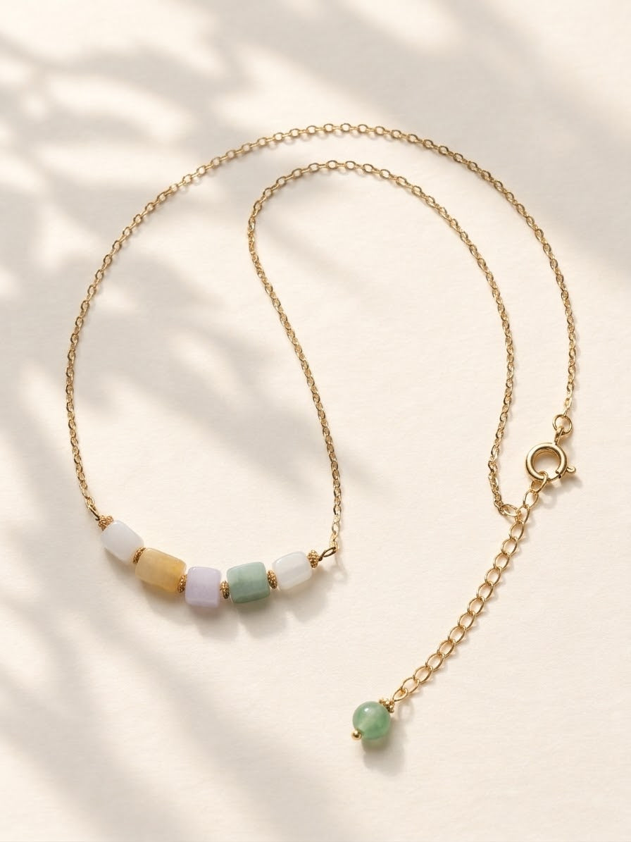 Natural multicolor jadeite bead necklace with U.S. 14k gold filled chain, 16 inches plus extender