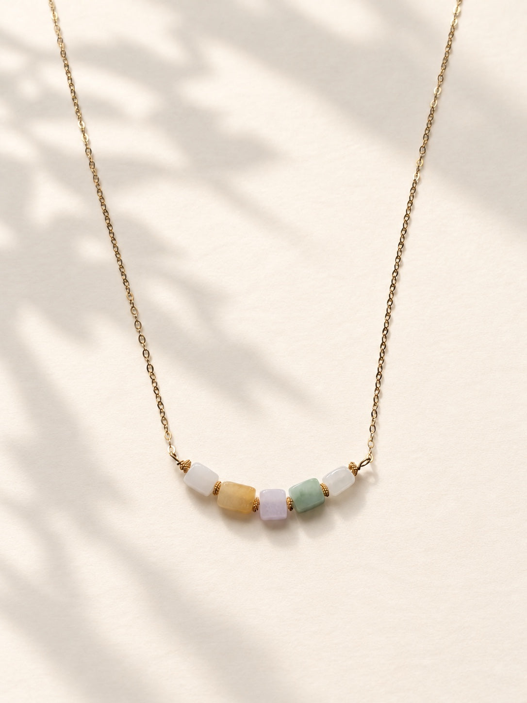 Natural multicolor jadeite bead necklace with U.S. 14k gold filled chain, 16 inches plus extender