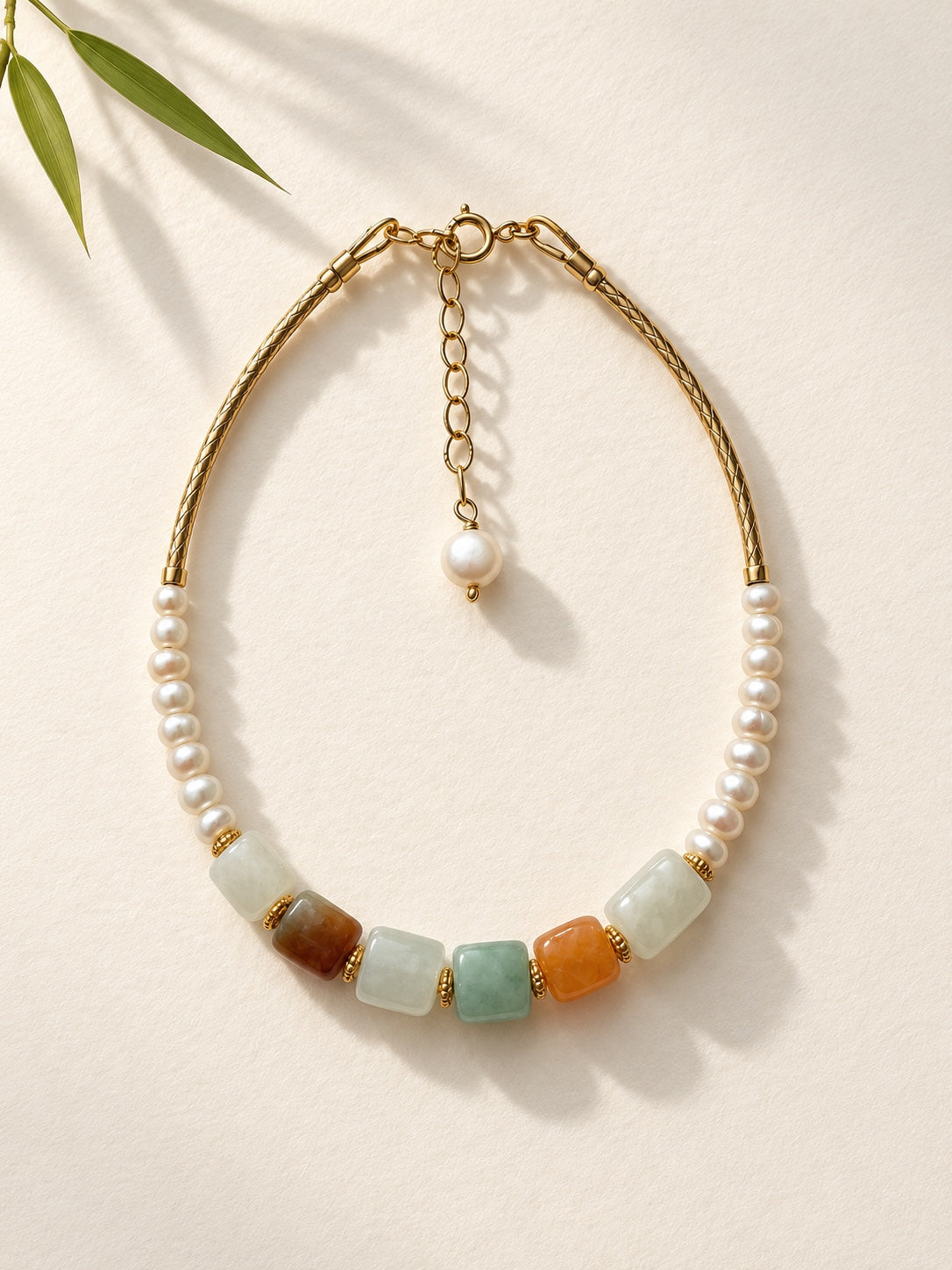 Natural multicolor jadeite 3x5mm and freshwater pearl bracelet with 14k gold filled curved tubes