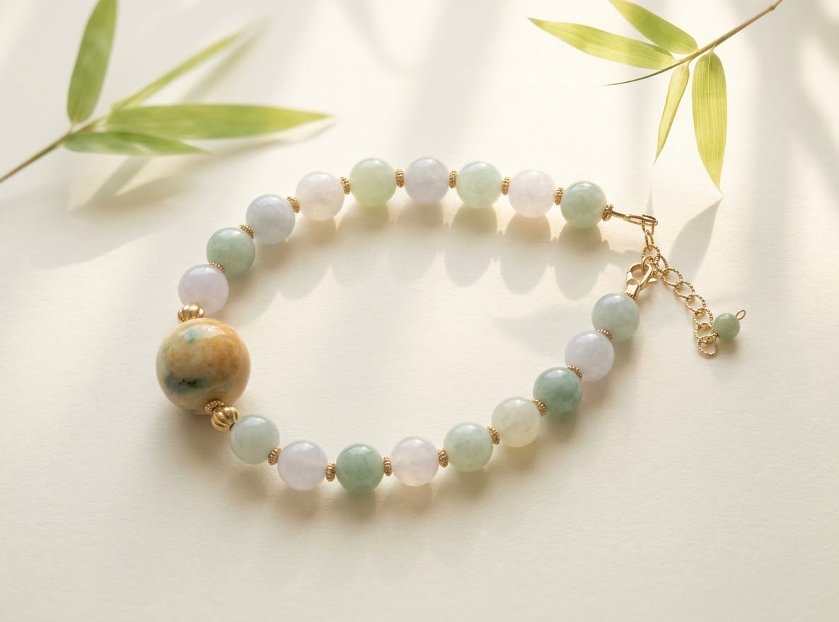 Natural jadeite bracelet with 10 mm focal bead and 6 mm jadeite beads