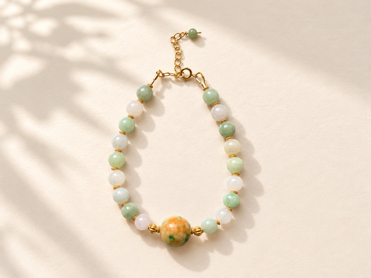 Close-up of natural multicolor 10 mm jadeite bead