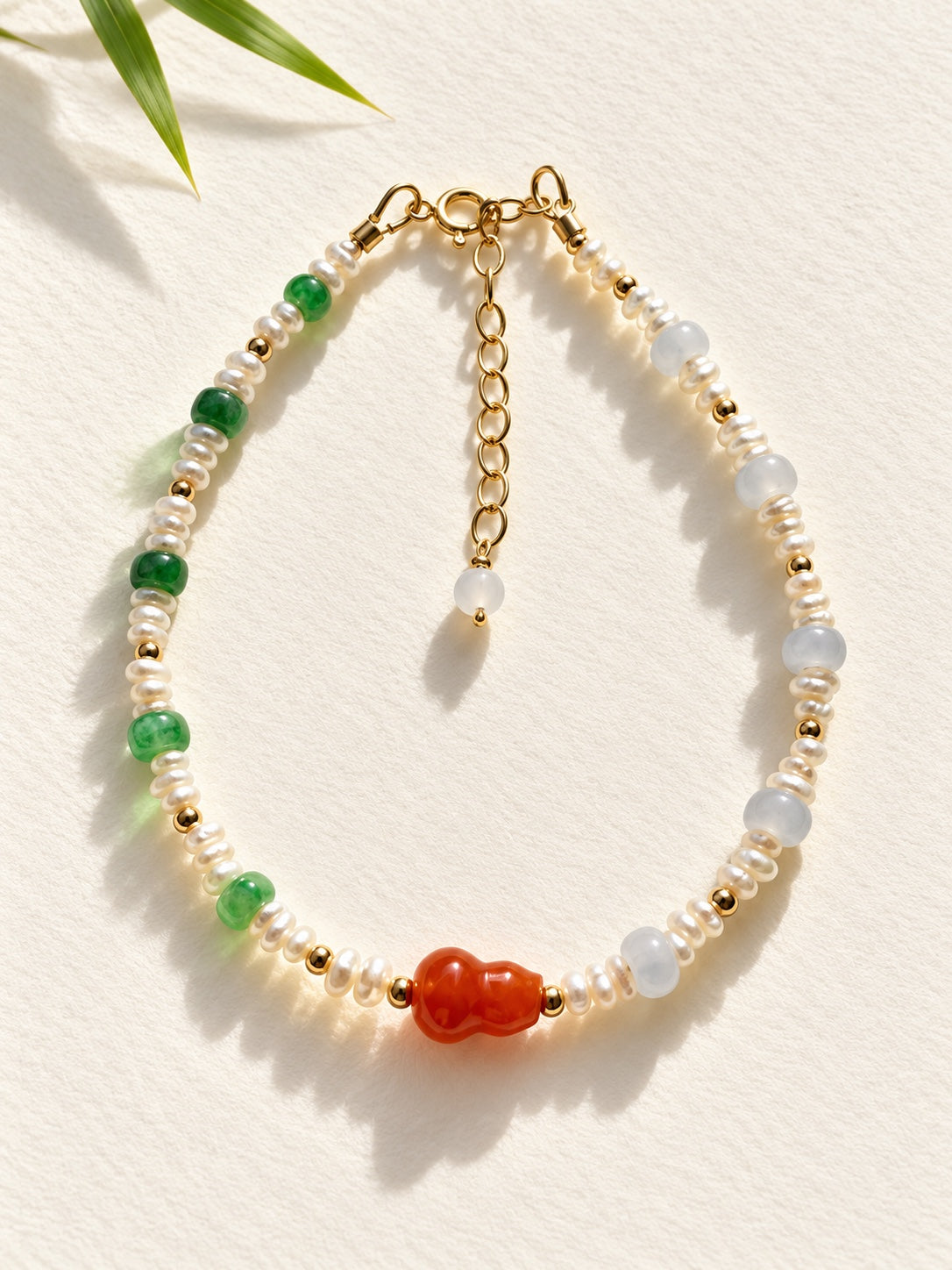 Tricolor jadeite and freshwater pearl gourd bracelet with 14K gold-filled accents