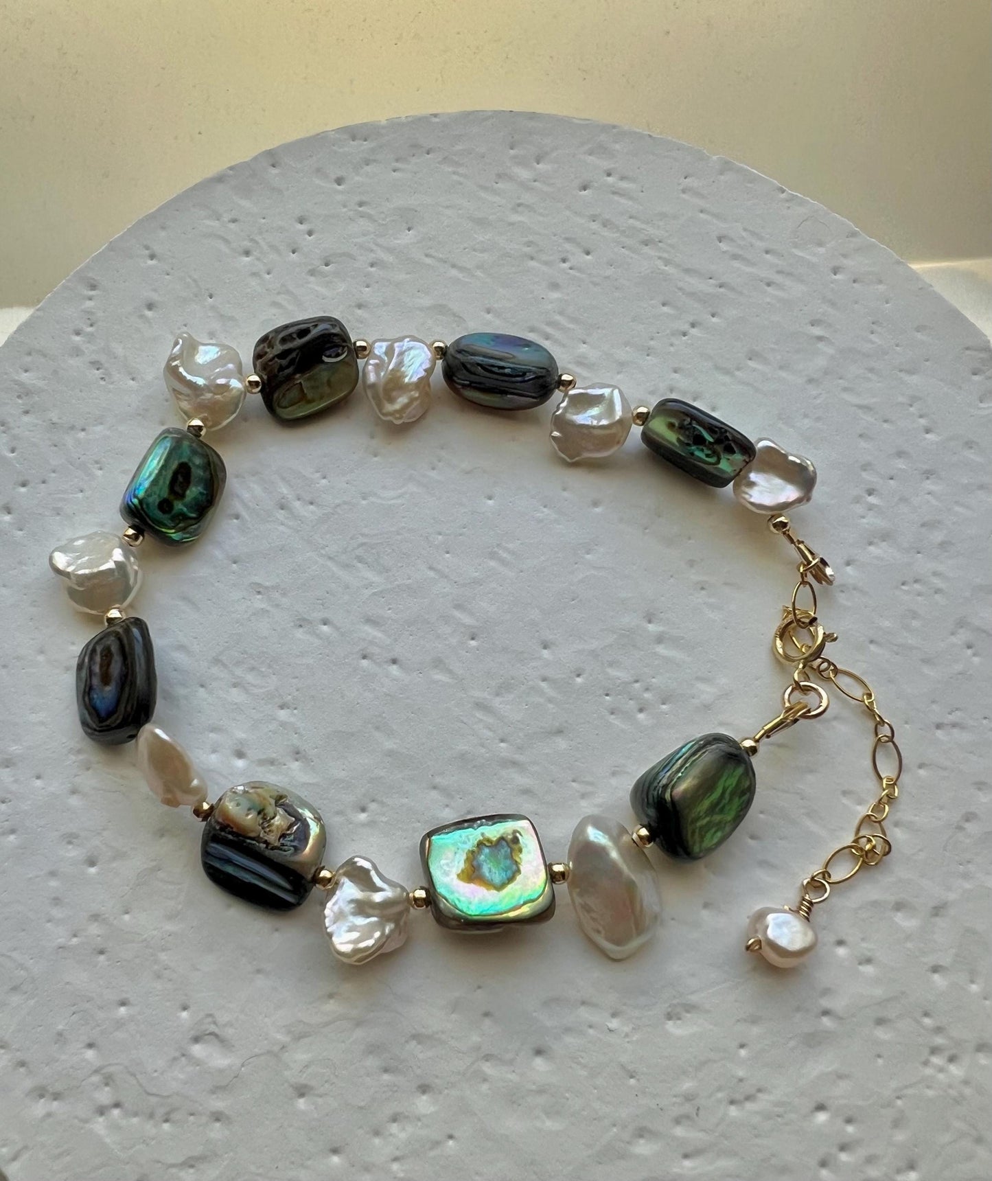 14K gold filled abalone baroque pearl elephant bracelet. Petal pearl bracelet. Lightweight bracelet. Adjustable bracelet