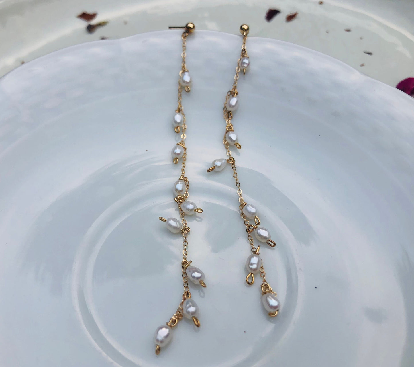 14K gold filled stud long chain dangle pearl earring. Fleurette earring. Bridesmaid gift. Boho wedding pearl earring. Bridal earring.