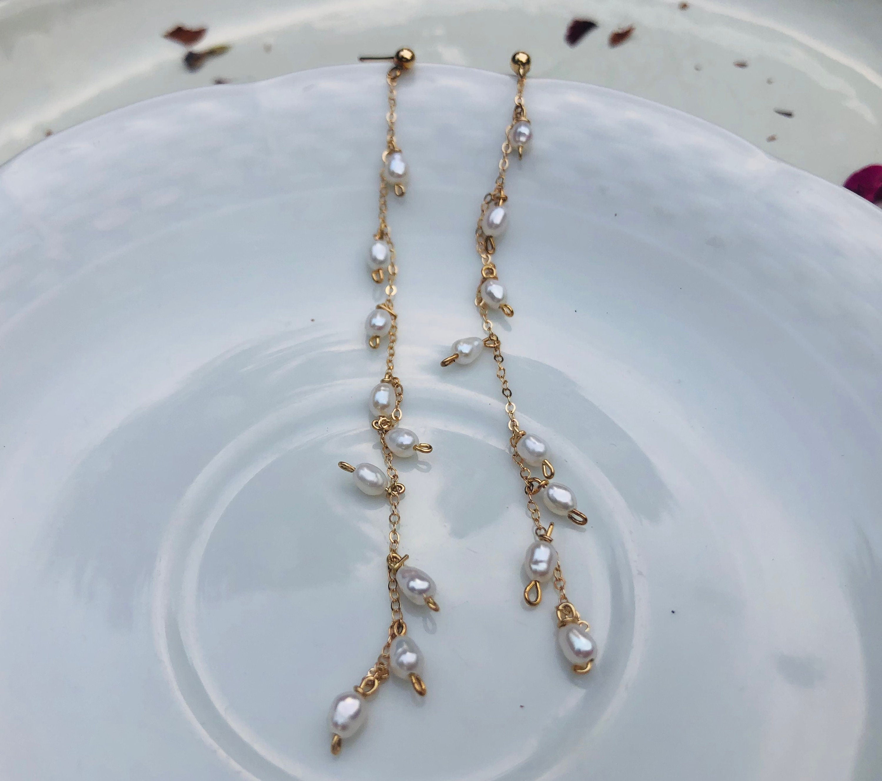 14K gold filled stud long chain dangle pearl earring. Fleurette earring. Bridesmaid gift. Boho wedding pearl earring. Bridal earring.