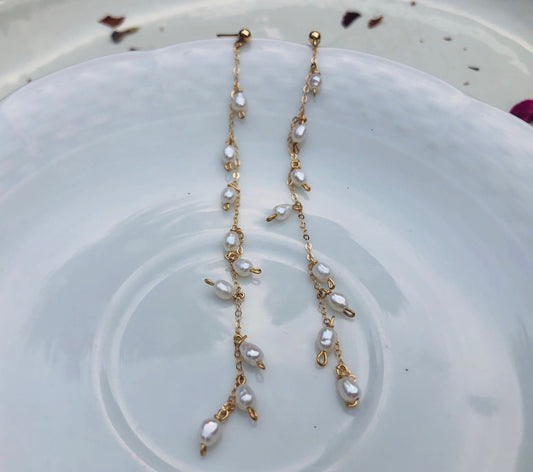 14K gold filled stud long chain dangle pearl earring. Fleurette earring. Bridesmaid gift. Boho wedding pearl earring. Bridal earring.