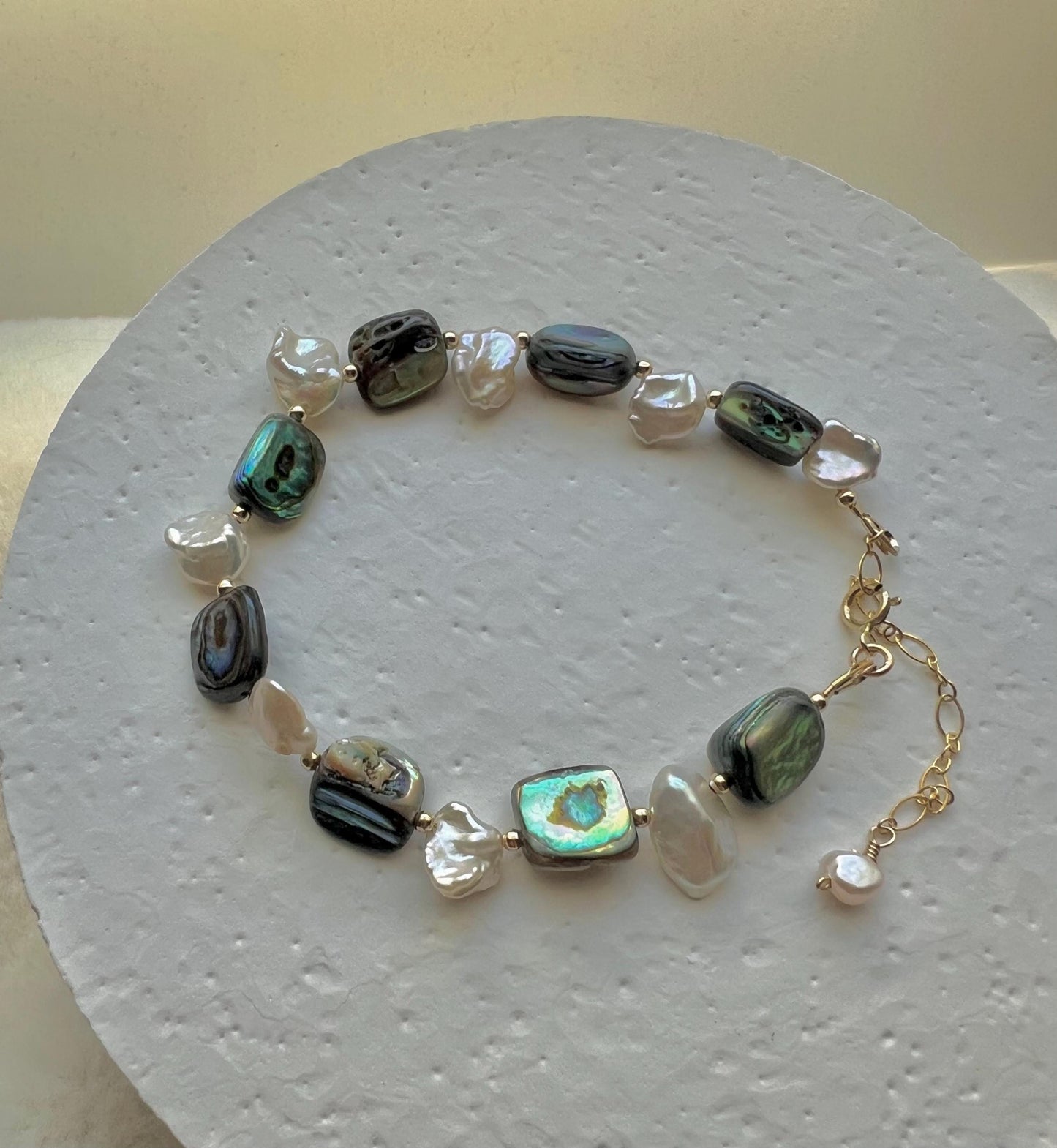 14K gold filled abalone baroque pearl elephant bracelet. Petal pearl bracelet. Lightweight bracelet. Adjustable bracelet