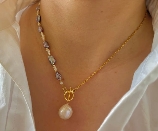 14K gold filled High quality luster baroque AAAA Keshi purple pearl half chain necklace. Charm reflection necklace. Minimalist. Heart.