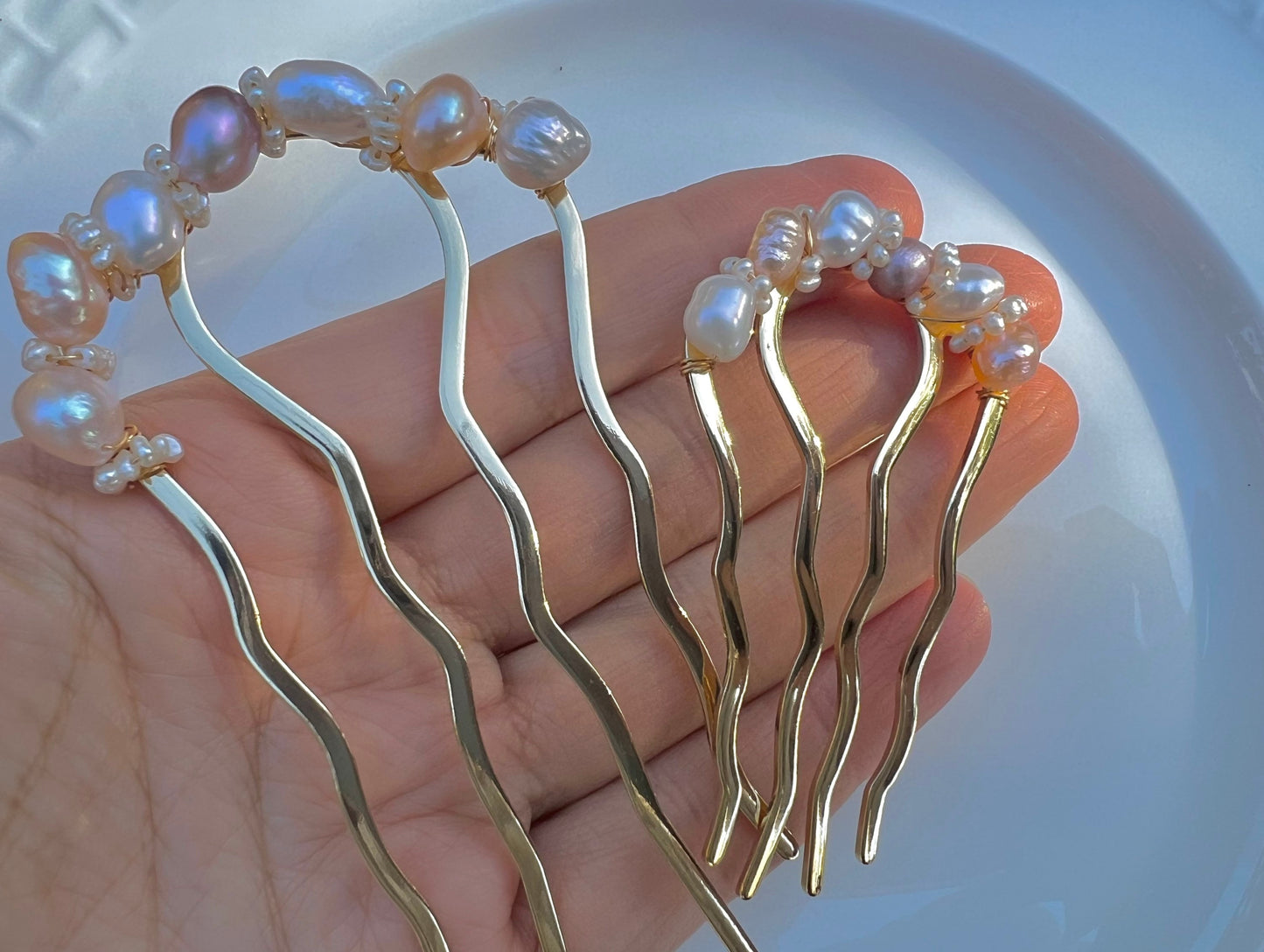 Brass wire wrapped freshwater multiple-color pearl hair pin. Wave hair accessories. Gold hair fork. Bridal hair pin. Wedding hair pin.