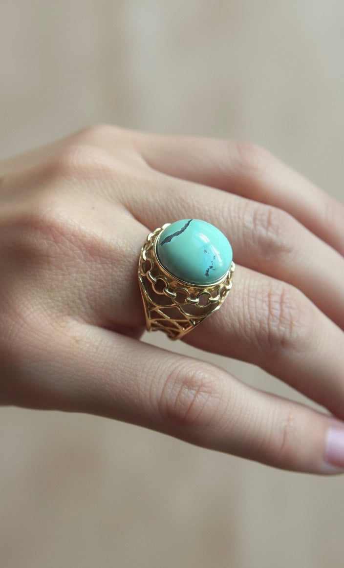 18K solid gold natural turquoise round filigree ring. Turquoise ring. December Brithstone. Wide Solid 18K Gold Turquoise lace ring.