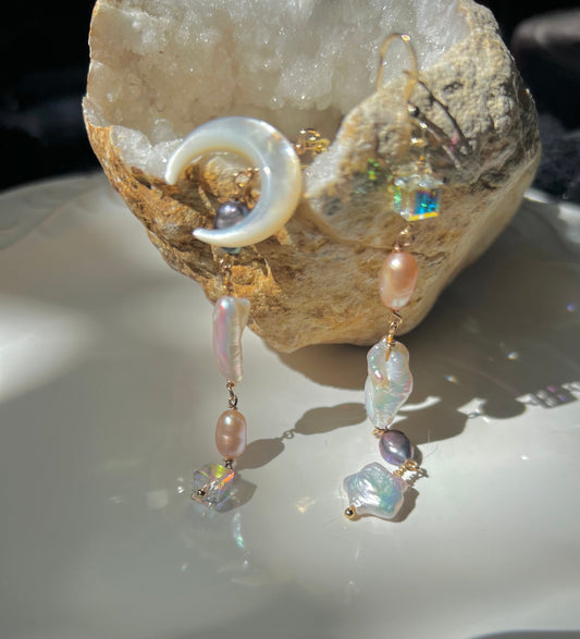 Multicolored multi-shape freshwater baroque pearl earring. Moon and star earrings. Crystal dangle Bridal earrings. Space sparkle earrings.