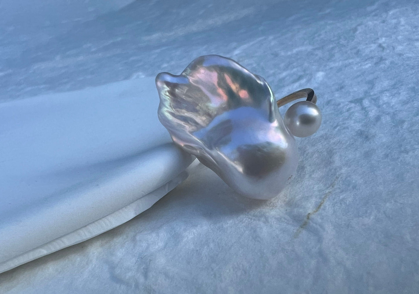 14K gold filled AAA quality luster baroque pearl open adjustable ring. Cultured double pearl ring. White fireball baroque ring. Gift.