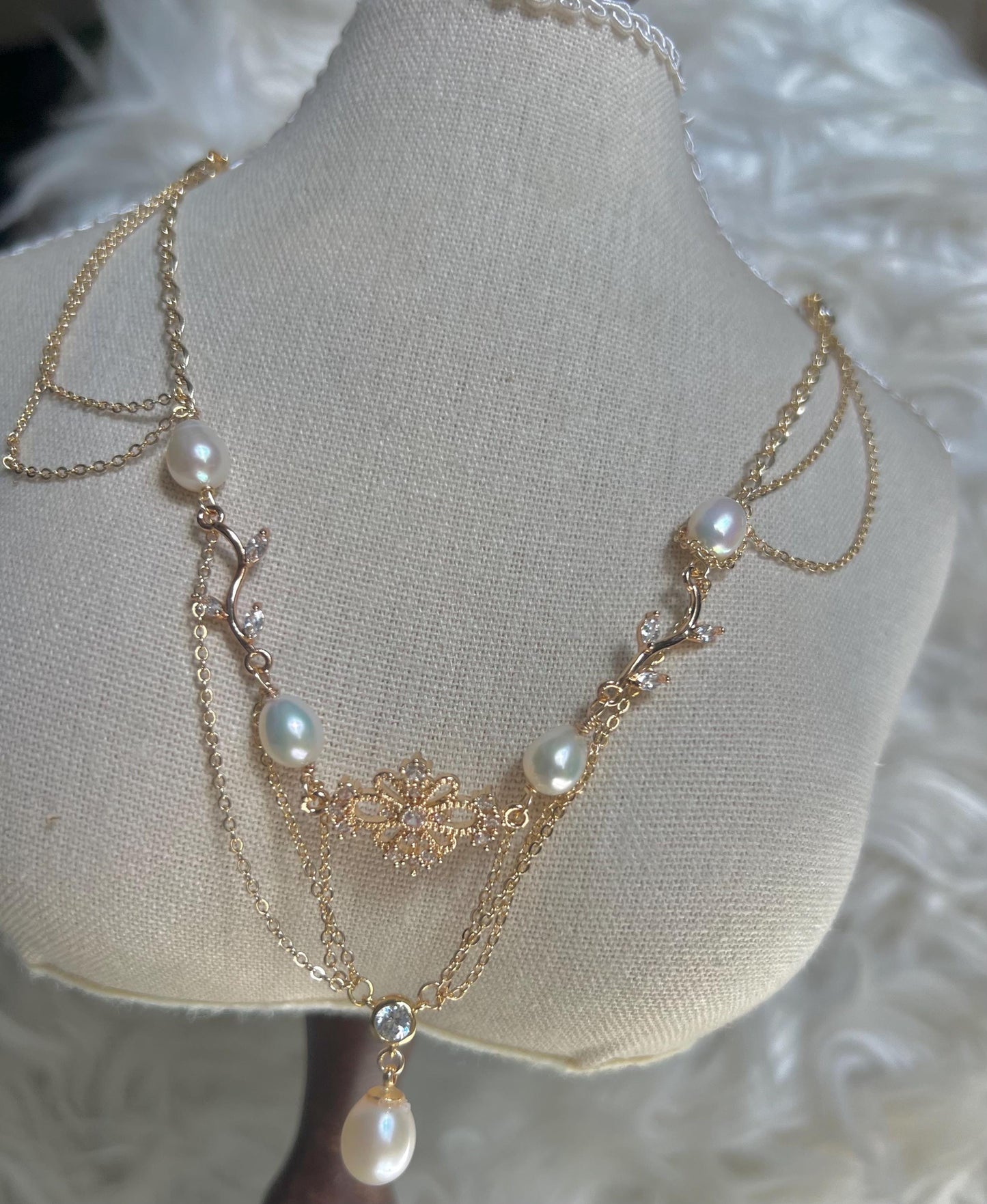 Vintage style freshwater pearl filigree necklace. Art nouveau necklace. Diamonds necklace. Victoria style necklace. Gift for her