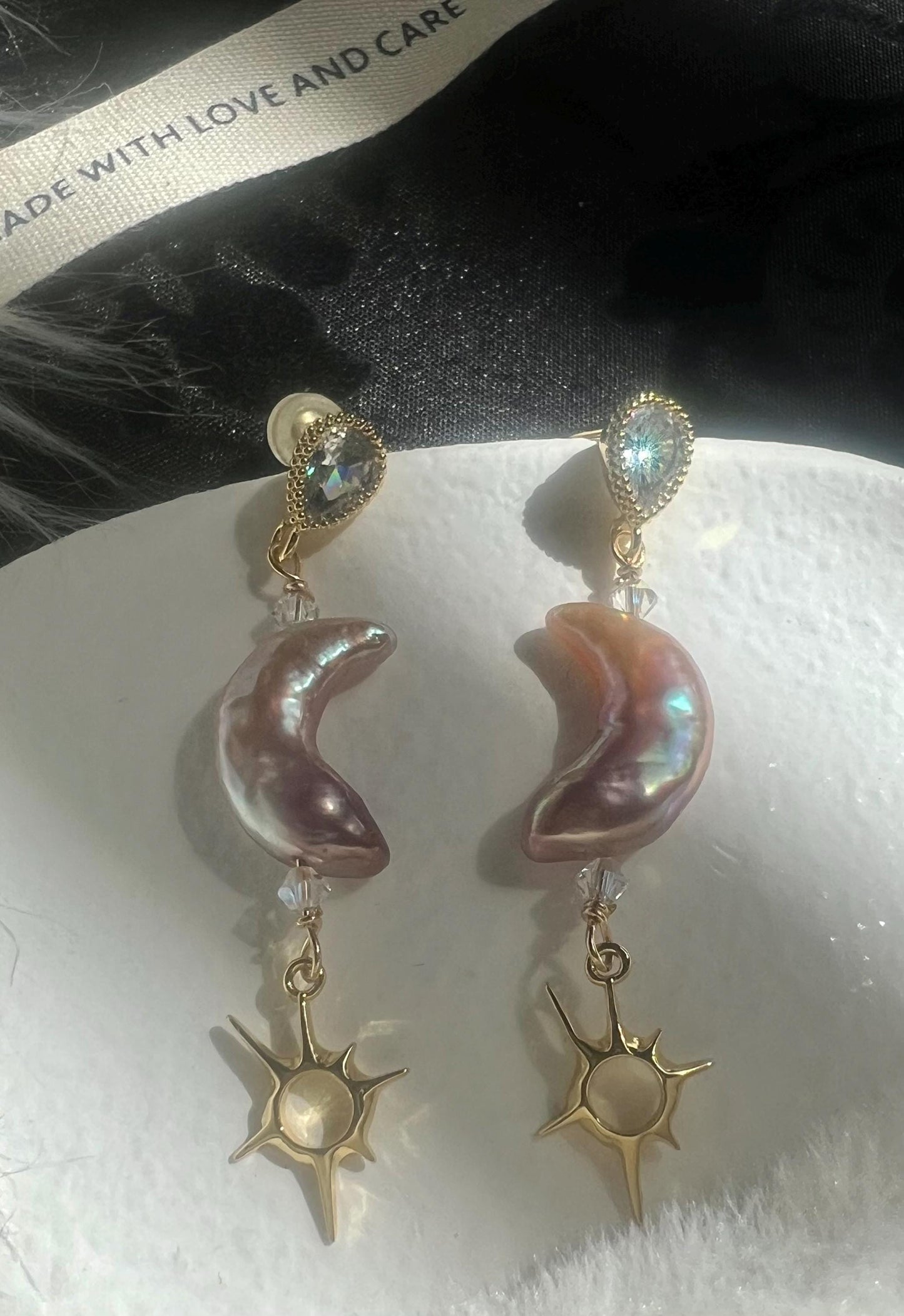 Moon shaped freshwater baroque pearl earring. Moon and star earrings. Crystal dangle Bridal earrings. Space sparkle earrings.