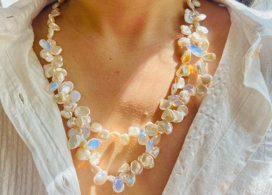 Freshwater petals pearl double layered necklace. Beaded pearl necklace. Boho Bridal wedding necklace. Dainty necklace. Gift for her