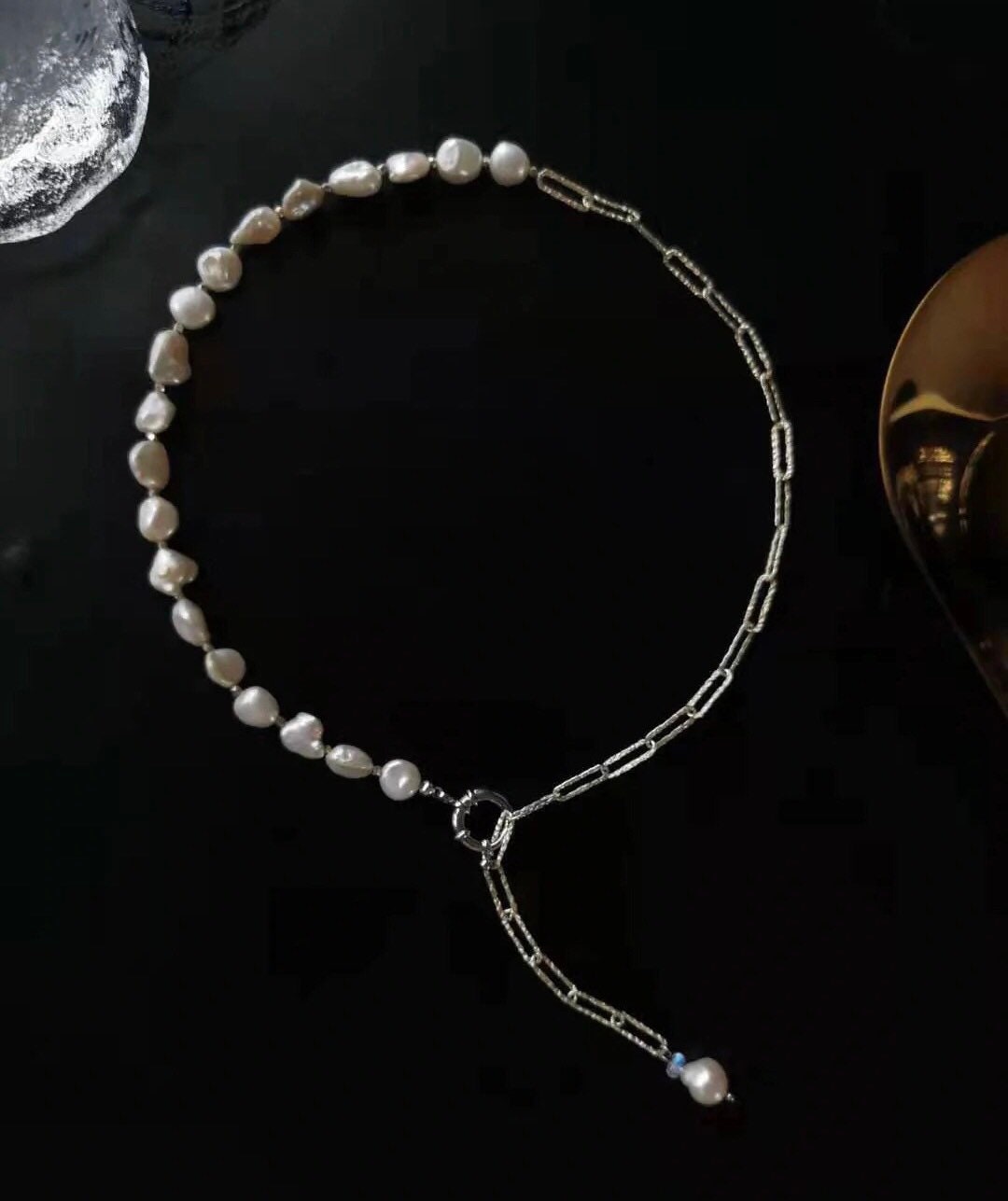 925 sterling silver baroque petal pearl half chain Sparkle charm necklace. Rectangle chain necklace. Minimalist necklace. Chic necklace