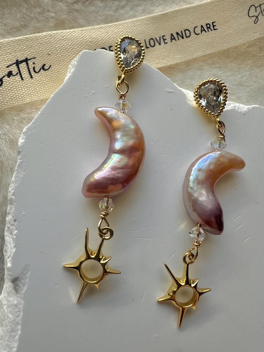 Moon shaped freshwater baroque pearl earring. Moon and star earrings. Crystal dangle Bridal earrings. Space sparkle earrings.