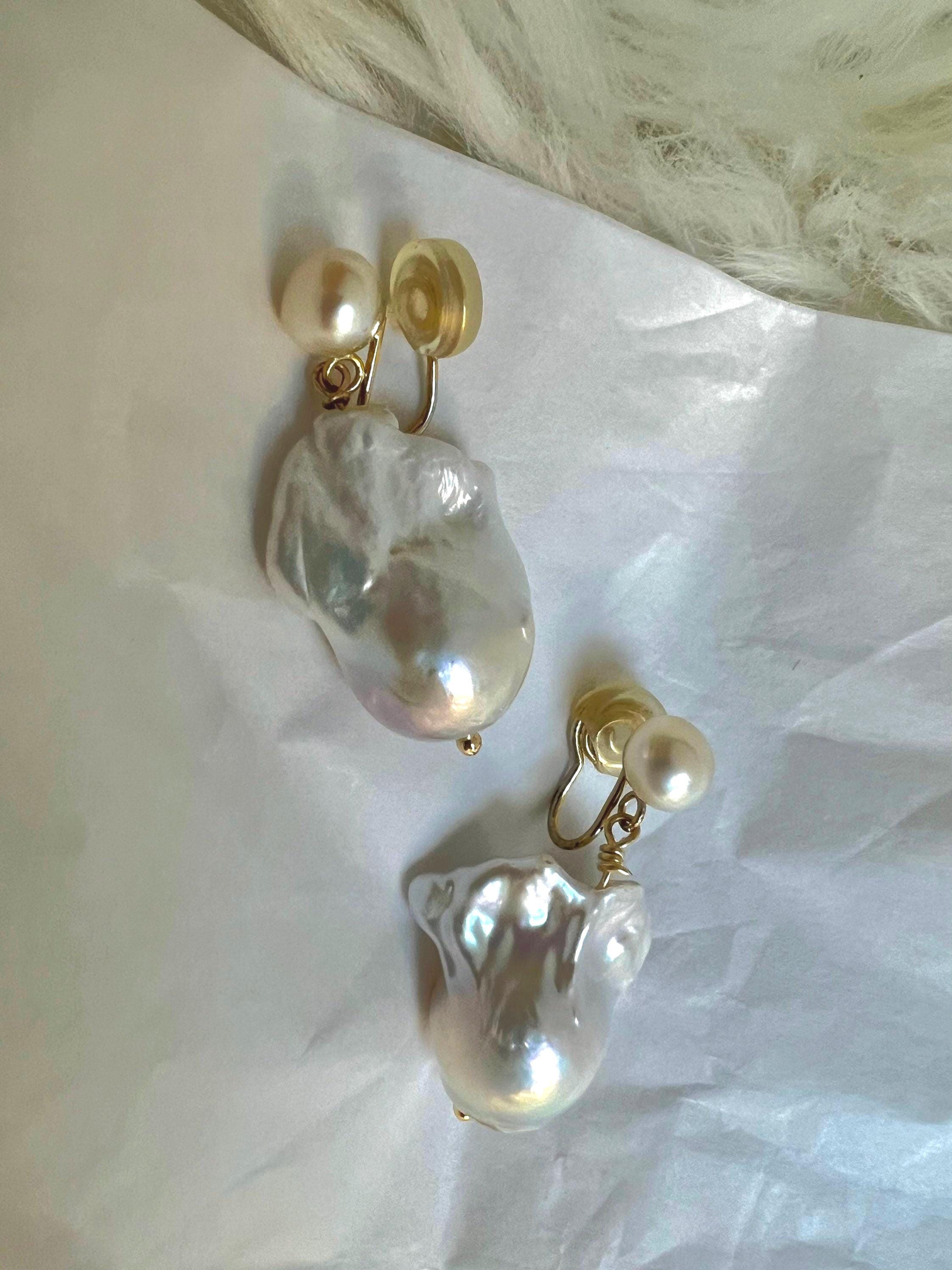 AAAA Square/natural shaped genuine baroque pearl clip on earring. No pain charm baroque pearl earring. Comfortable non pierced ear clip