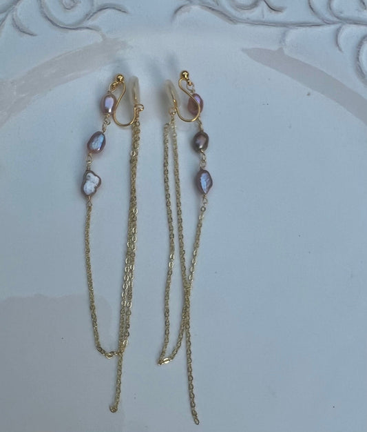 14K gold filled freshwater Pearl ear back dangle tassels earrings. minimalist chain earring. Bridal earring. Bridesmaid gift