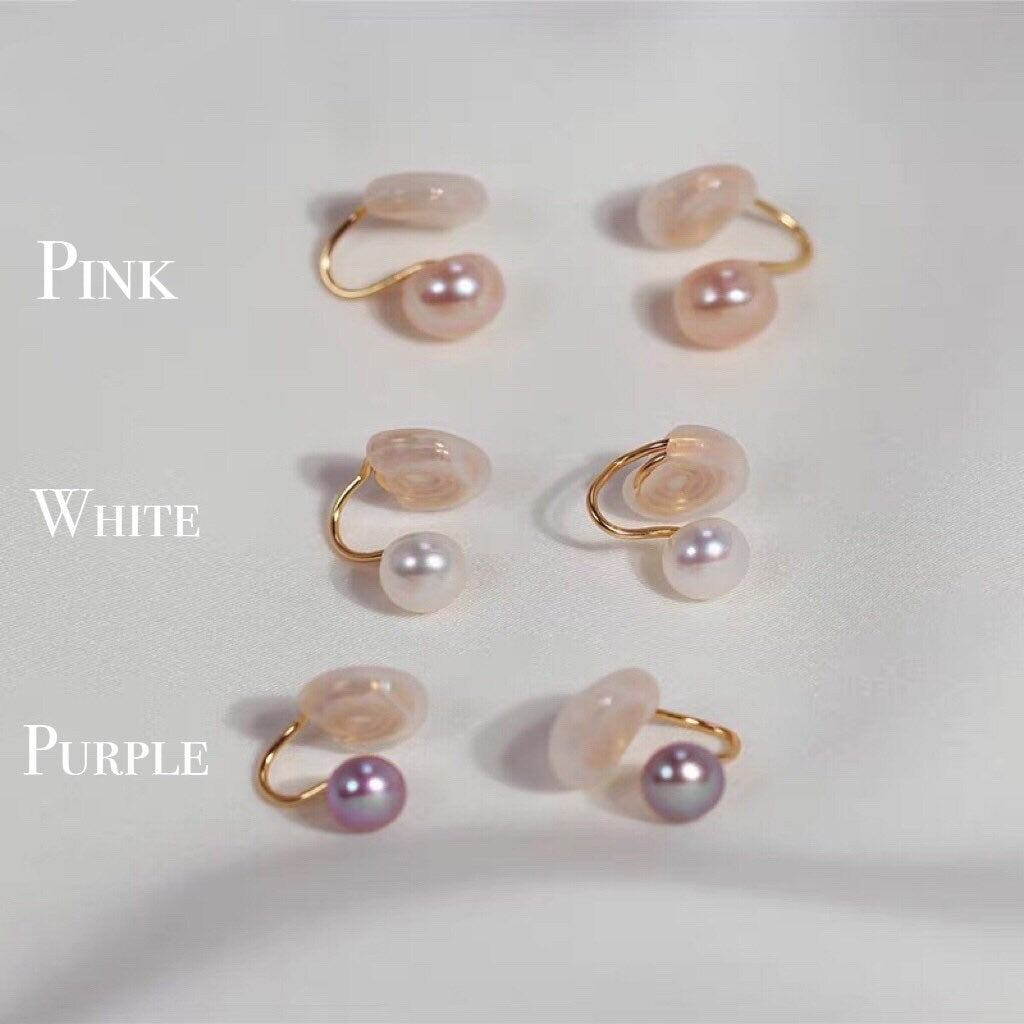 14K gold clip on freshwater pearl earring. No pain earring. Minimalist pearl earring. Pearl climber earrings. No piercing earring.