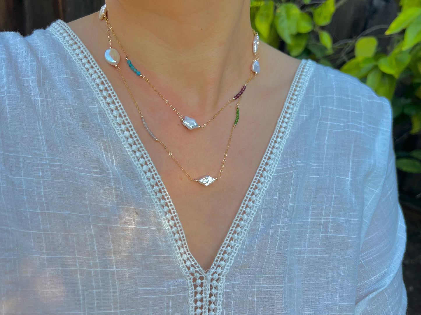 14K gold filled Freshwater baroque pearls natrul gemstone long necklace. Layered necklace. Muilti-color necklace. Gift for her.