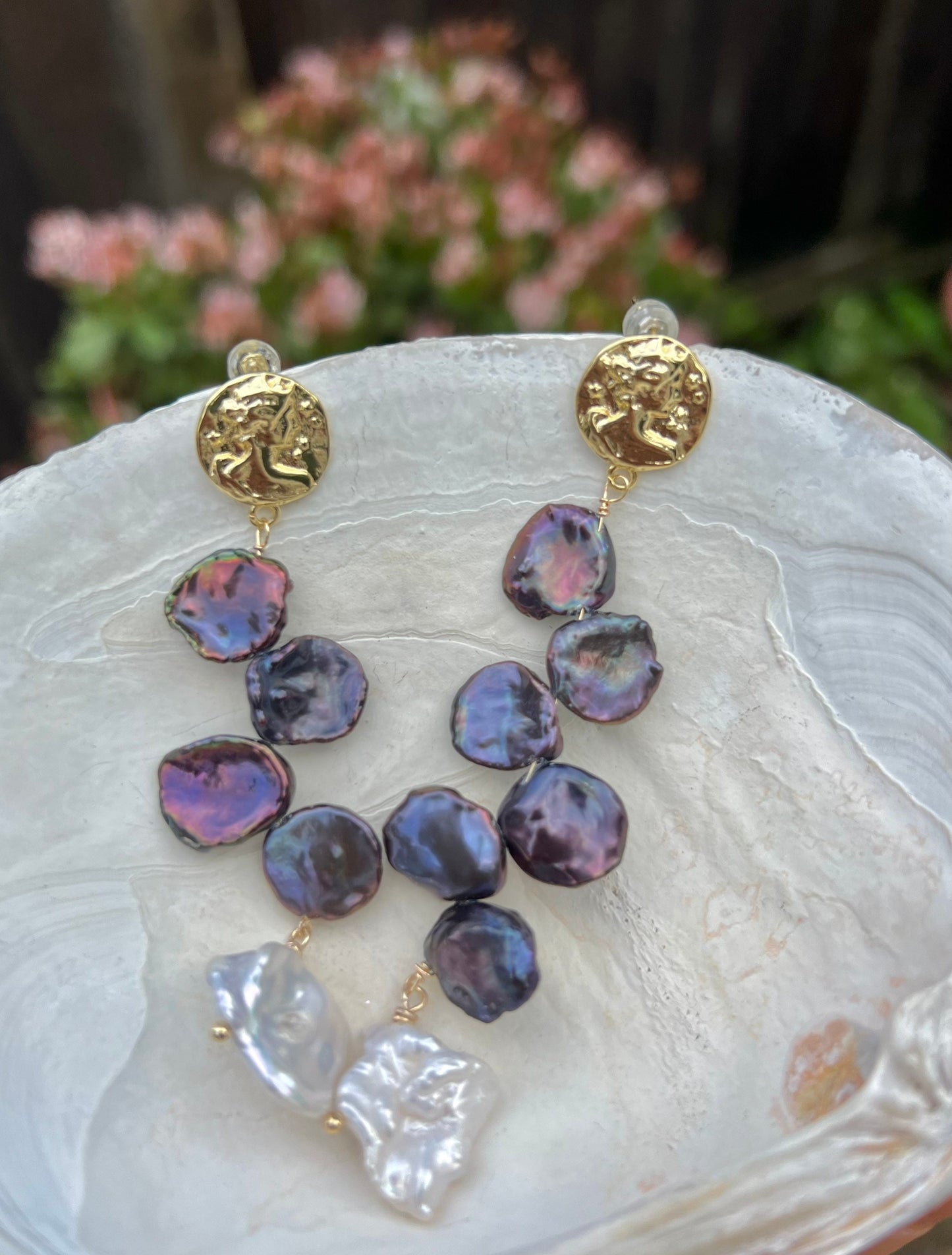 High quality luster Freshwater big Petal multicolored pearl dangle earrings. Chic mismatched earrings. Wedding pearl earrings.