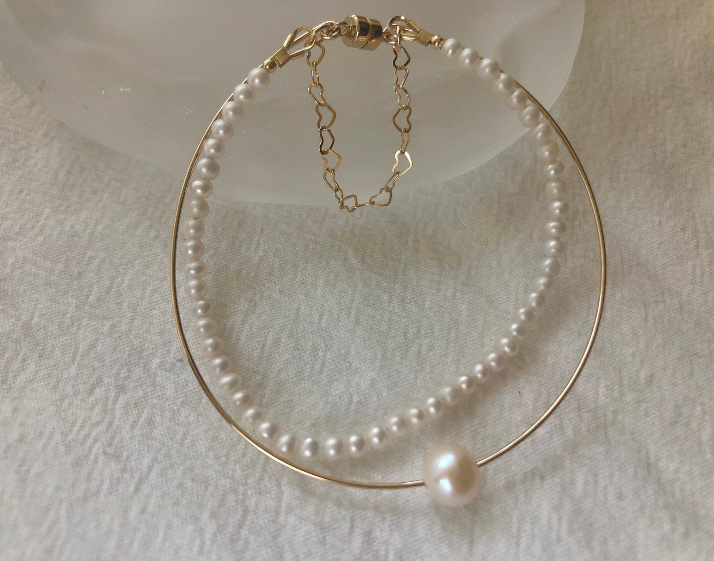 14K gold filled freshwater pearl vintage style double layered Chic bracelet. Real pearl bangle. Baby pearl bangle. Elegant pearl bracelet.