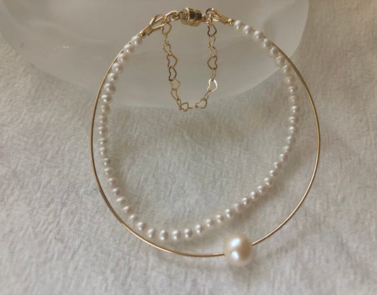 14K gold filled freshwater pearl vintage style double layered Chic bracelet. Real pearl bangle. Baby pearl bangle. Elegant pearl bracelet.