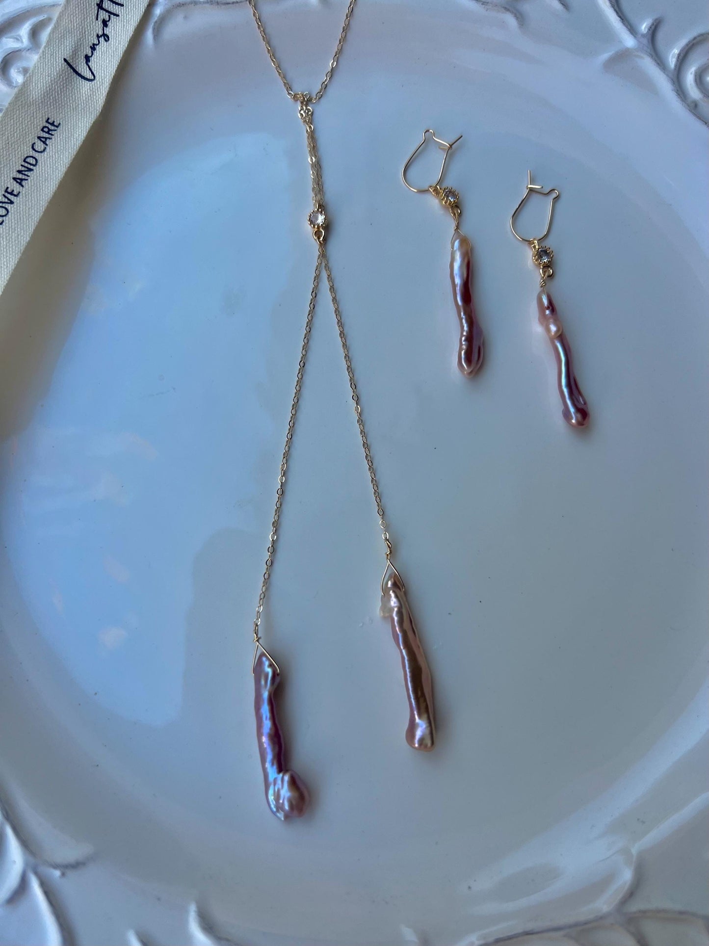 14K gold filled stick pearl Y necklace.  ZC emerald necklace. Diamond necklace. Bride necklace. Weddingnecklace