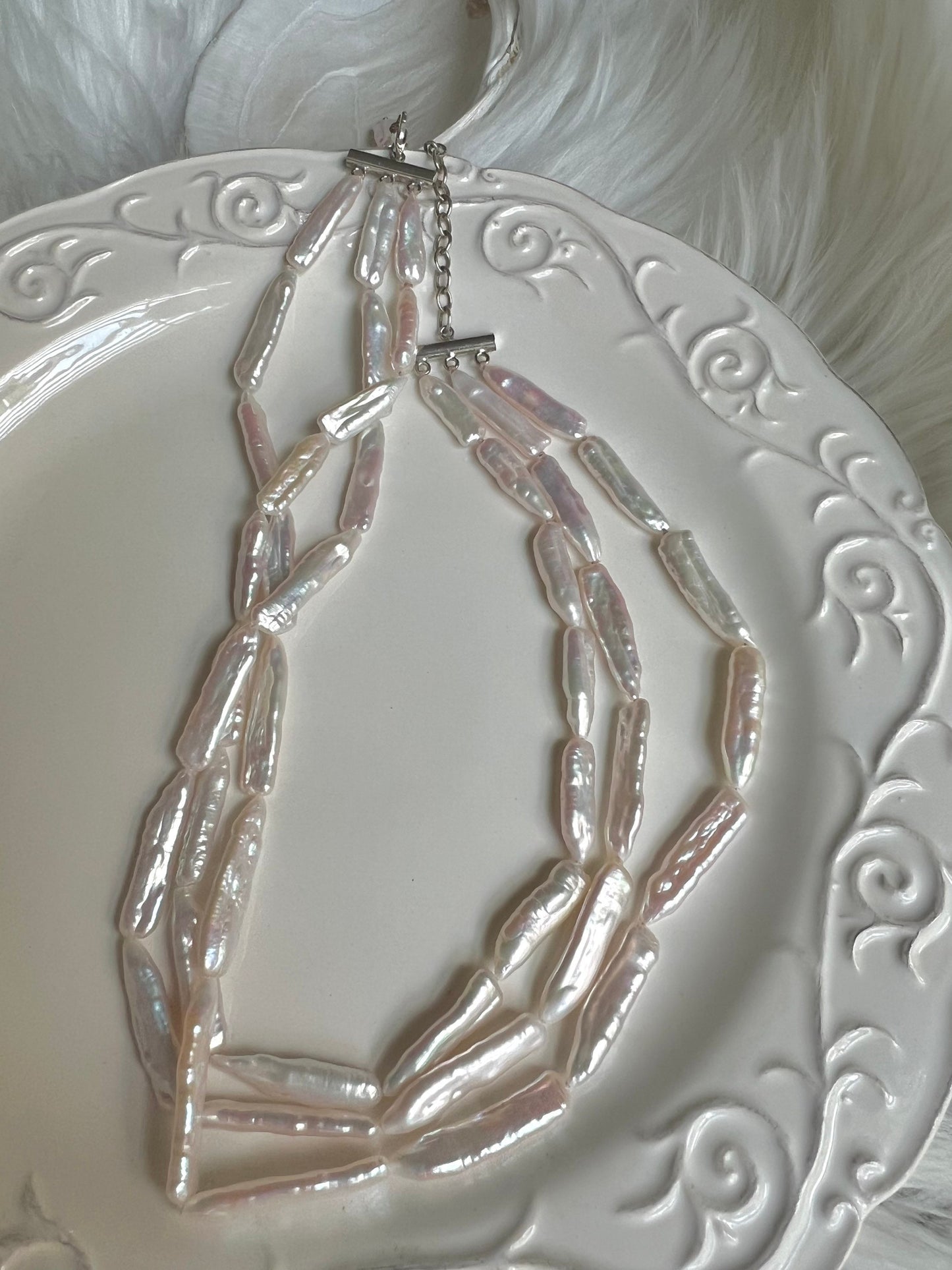 Freshwater keshi pearl triple layered strand necklace. Biwa pearl statement necklace. Boho necklace. OT chunky necklace. Wedding necklace