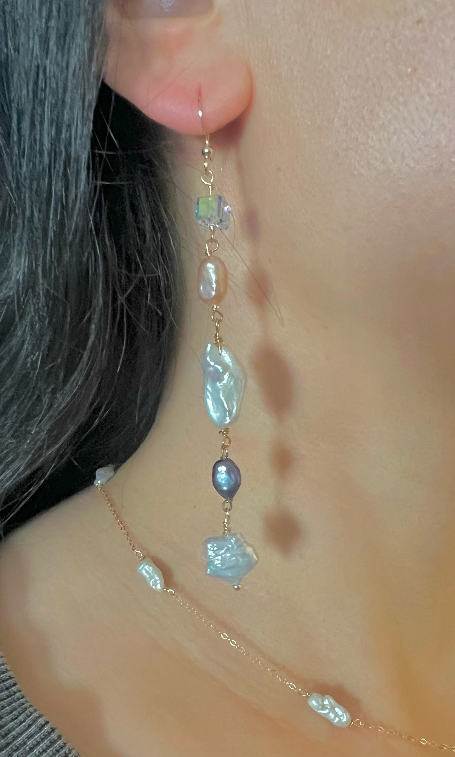 Multicolored multi-shape freshwater baroque pearl earring. Moon and star earrings. Crystal dangle Bridal earrings. Space sparkle earrings.