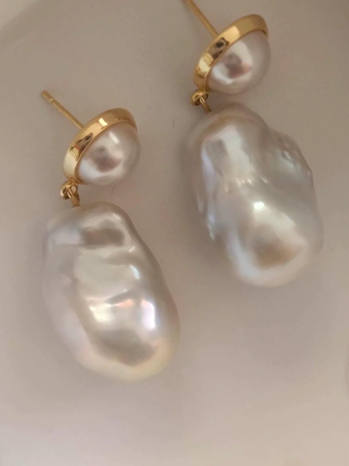 Freshwater high quality Luster big baroque double pearl drop earring. Fireball dangle earrings. Boho Wedding pearl earrings.