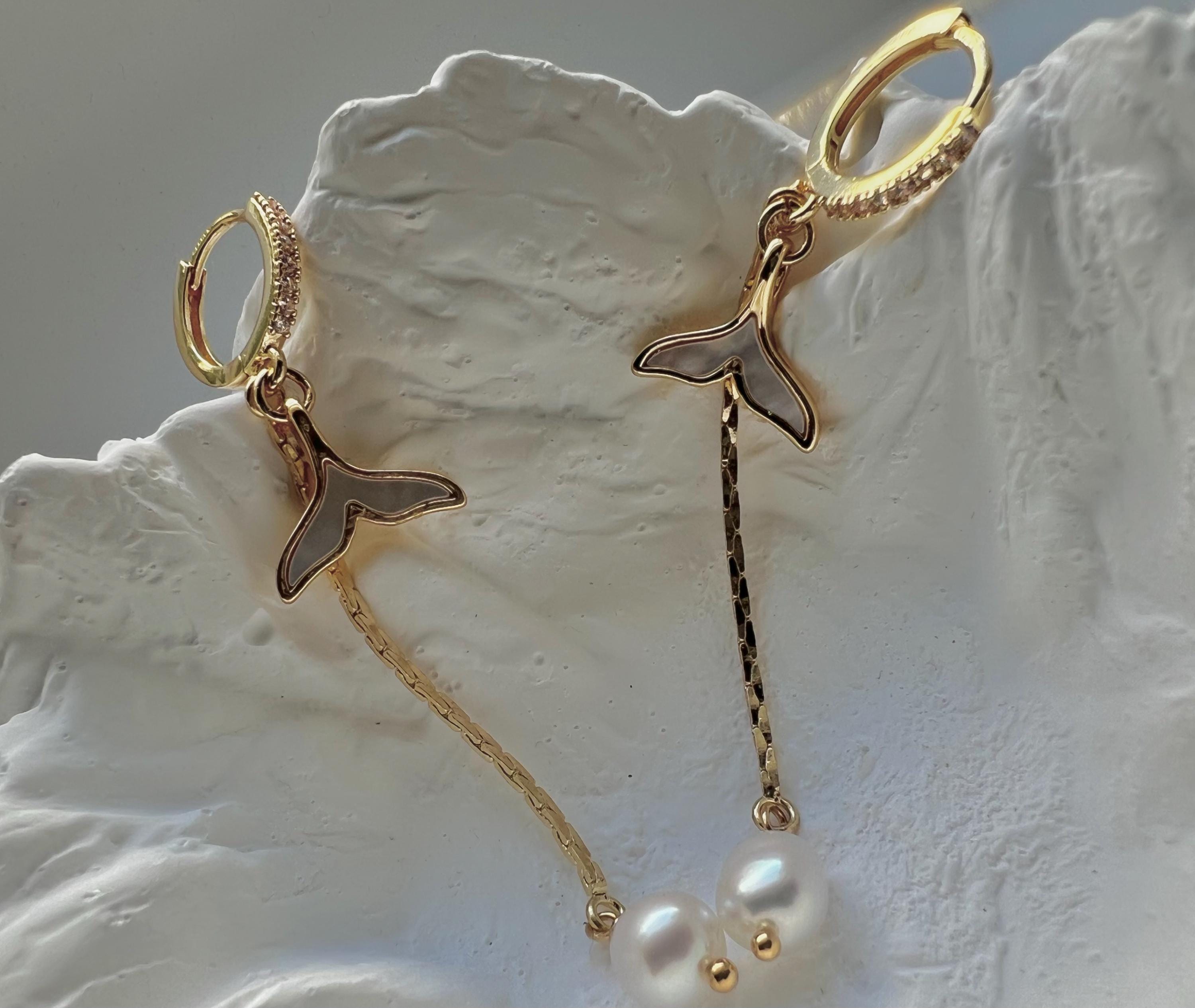 Chic sparkling crystal mermaid freshwater pearl hoop dangle earring. Diamond earrings. Bridal earrings. Gift for her.