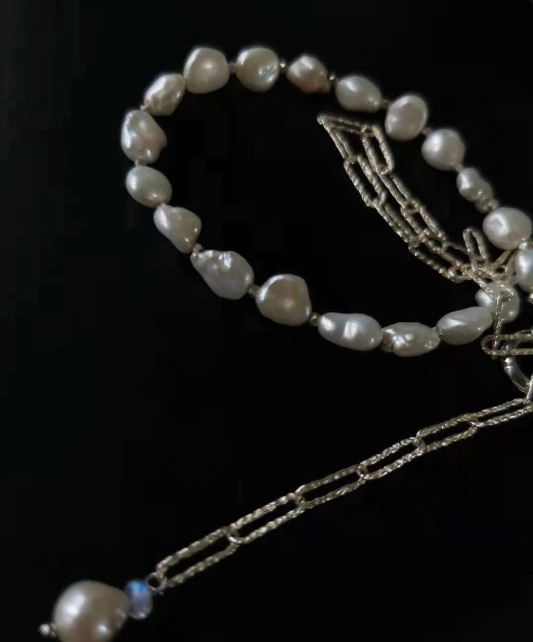 925 sterling silver baroque petal pearl half chain Sparkle charm necklace. Rectangle chain necklace. Minimalist necklace. Chic necklace