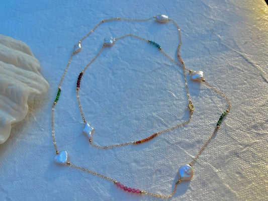 14K gold filled Freshwater baroque pearls natrul gemstone long necklace. Layered necklace. Muilti-color necklace. Gift for her.