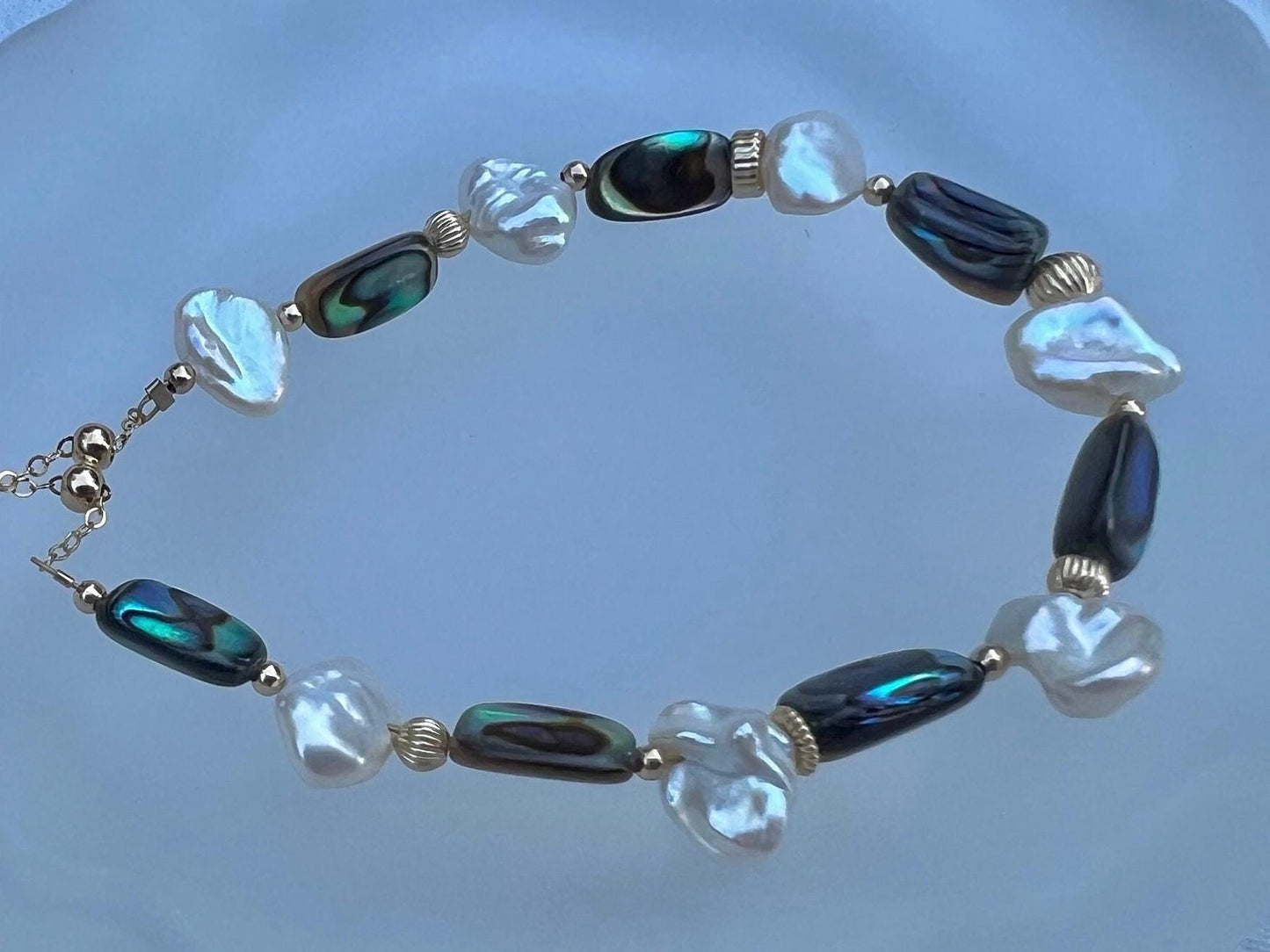 14K gold filled abalone baroque pearl elephant bracelet. Petal pearl bracelet. Lightweight bracelet. Adjustable bracelet