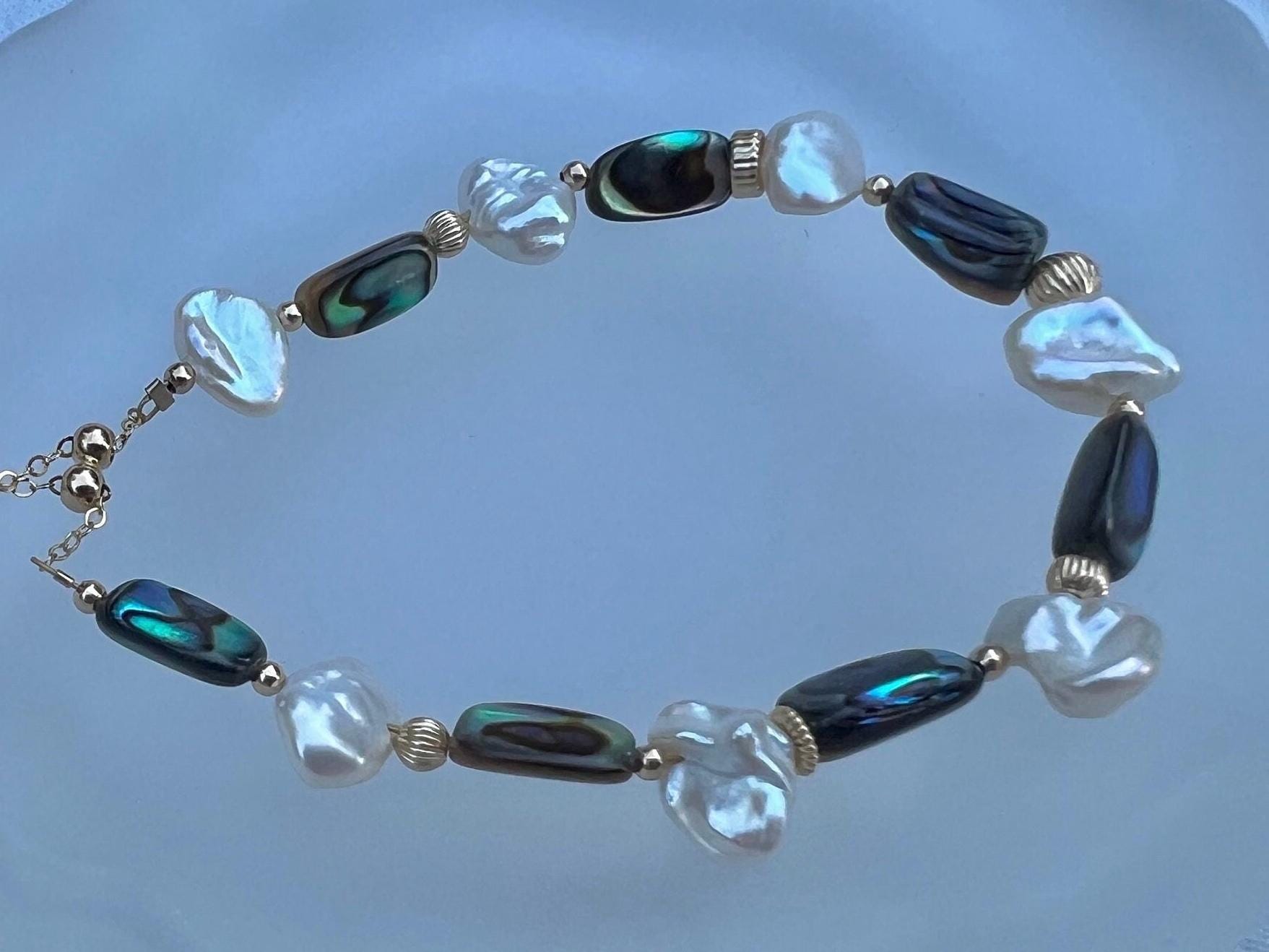 14K gold filled abalone baroque pearl elephant bracelet. Petal pearl bracelet. Lightweight bracelet. Adjustable bracelet