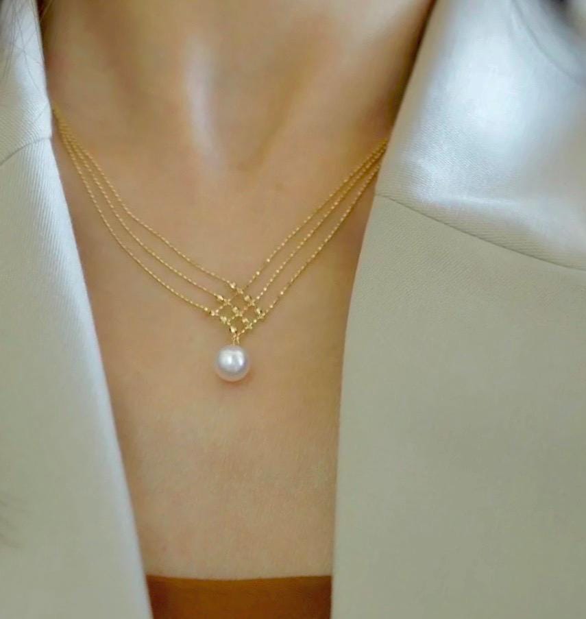 14k gold filled freshwater pearl France style double chain elegant dangle necklace. Wave necklace. Bridal necklace.