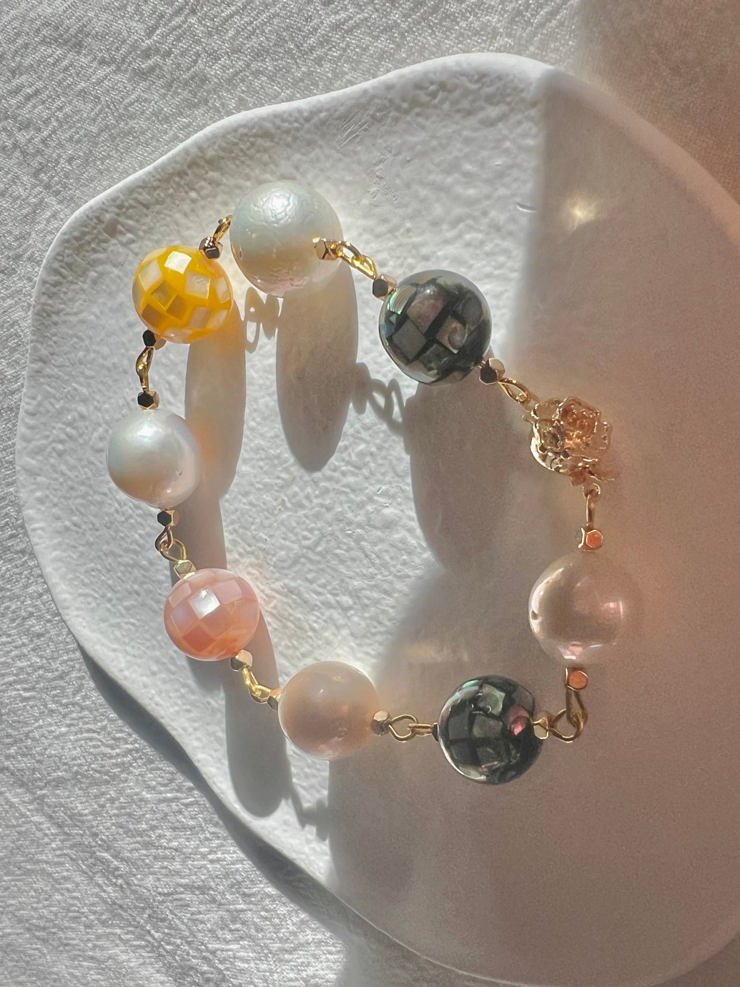 Candy shell ball and freshwater baroque pearls bracelet. Elegant colorful bracelet. Boho bracelet. Gift for her.