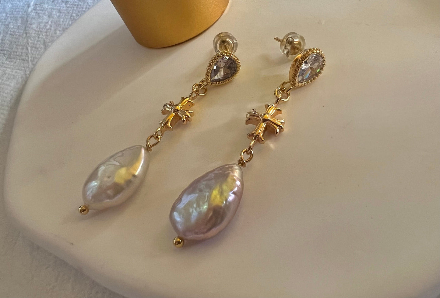 Teardrop freshwater baroque pearl cross dangle vintage earrings. Chic earrings. Antique earrings. Gift for her.