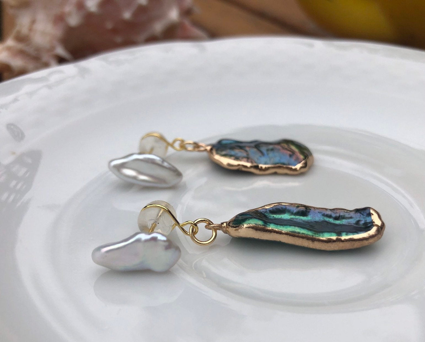 Peacock Baroque pearls front back stud earring. Unique large irregular pearl earring. Green and blue baroque pearl drop earring. Wedding.