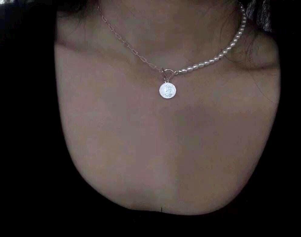 925 sterling silver freshwater pearl paperclip chain half necklace. Pearl statement necklace. Real pearl necklace. Chic necklace