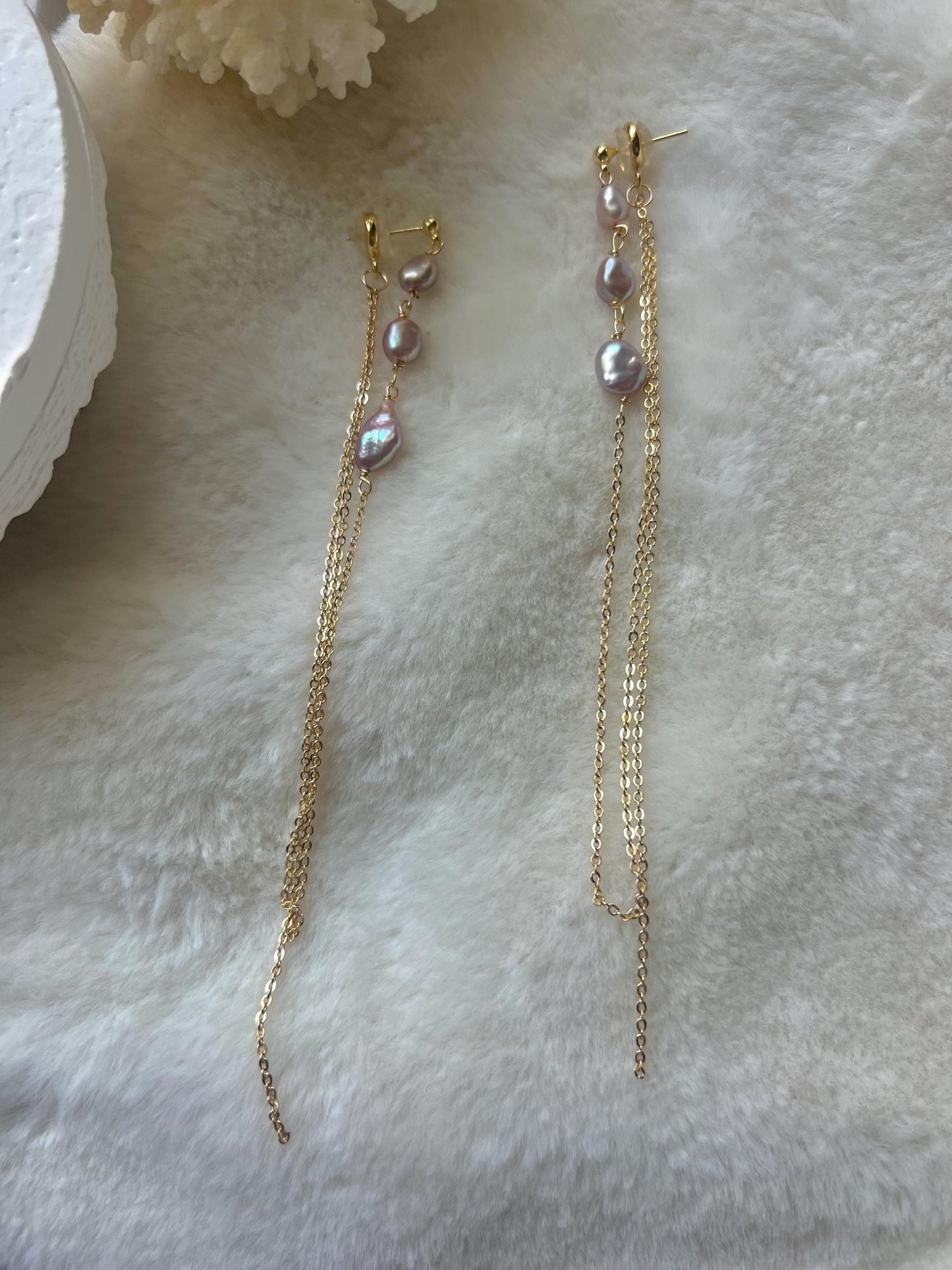 14K gold filled freshwater Pearl ear back dangle tassels earrings. minimalist chain earring. Bridal earring. Bridesmaid gift