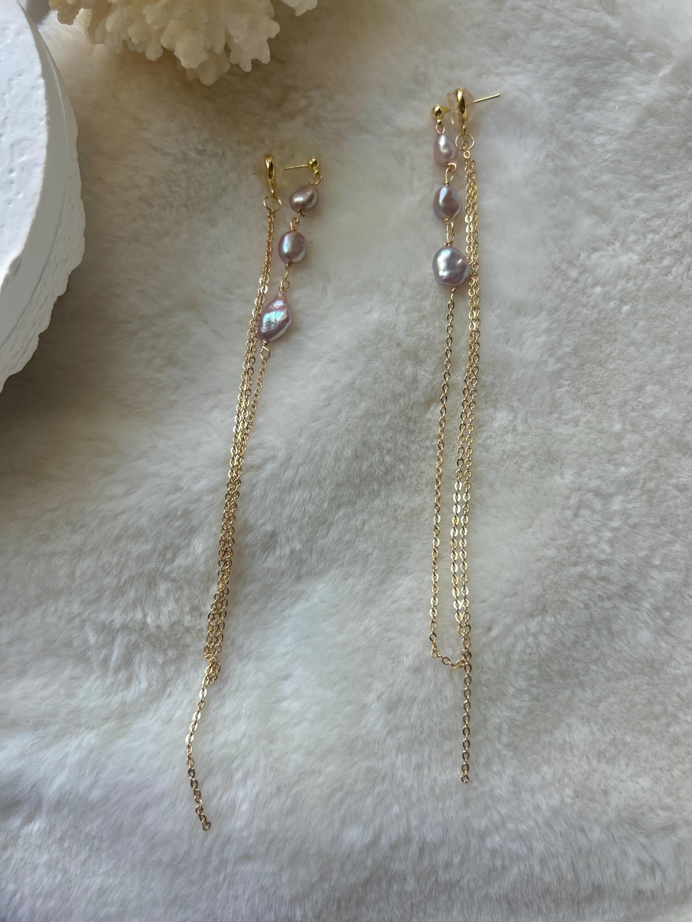 14K gold filled freshwater Pearl ear back dangle tassels earrings. minimalist chain earring. Bridal earring. Bridesmaid gift