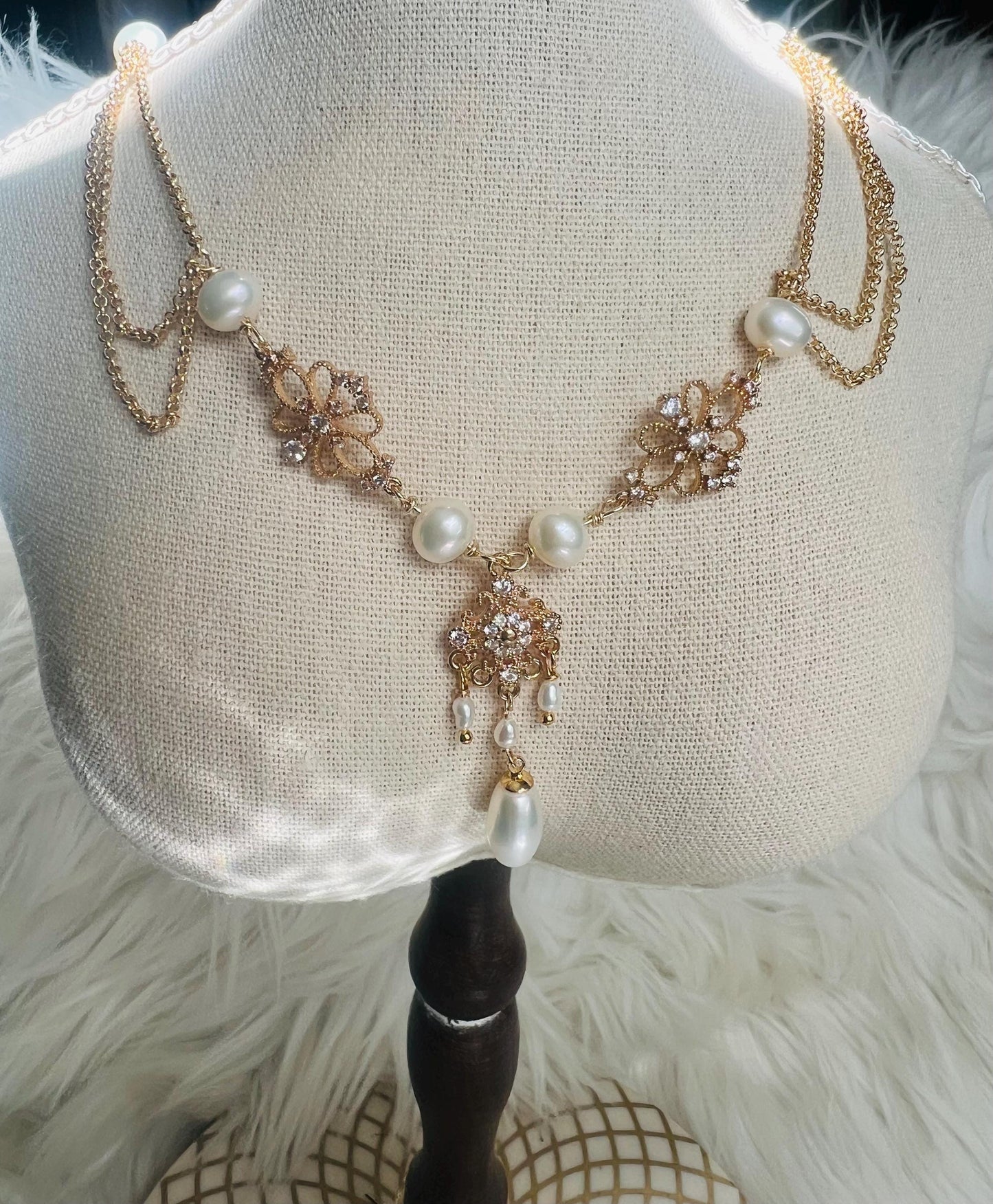 Vintage style freshwater pearl filigree necklace. Art nouveau necklace. Diamonds necklace. Victoria style necklace. Gift for her