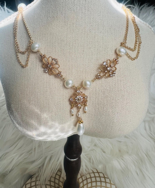 Vintage style freshwater pearl filigree necklace. Art nouveau necklace. Diamonds necklace. Victoria style necklace. Gift for her